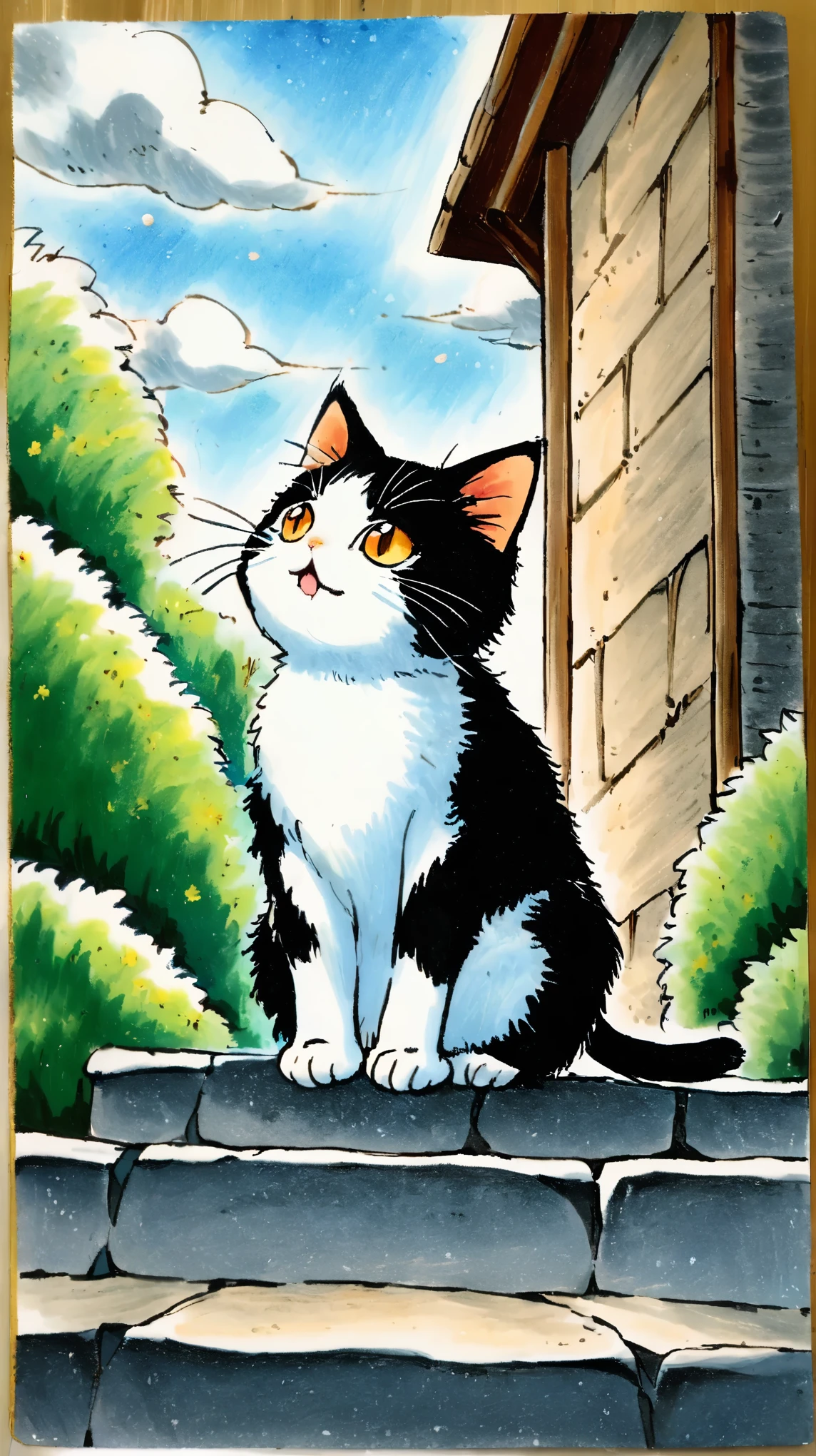 1 Kitten on the Stone Steps, traditional media,look up,(Kitten Details ) ,( solitary)
