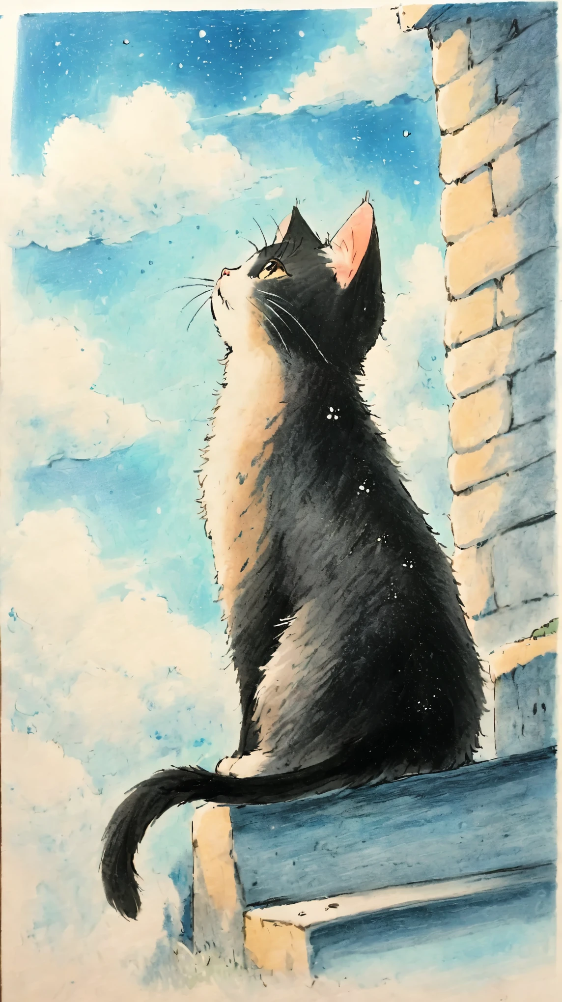 1 Kitten on the Stone Steps, traditional media,look up,(Kitten Details ) ,( solitary)