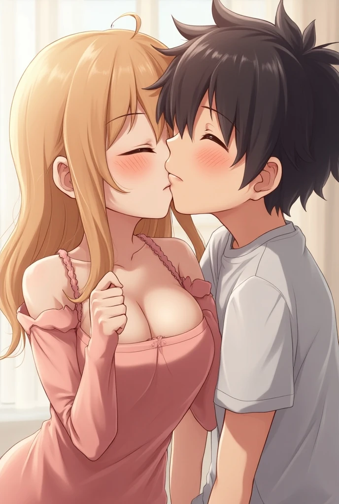 superflat, flat shading, flat colors, masterpiece, best quality, 12yo boy in green shorts, 12yo girl in white panties and bra, standing in room, kiss, emotional, shy, blush, sunlight, backlight, best shadows, watercolor,