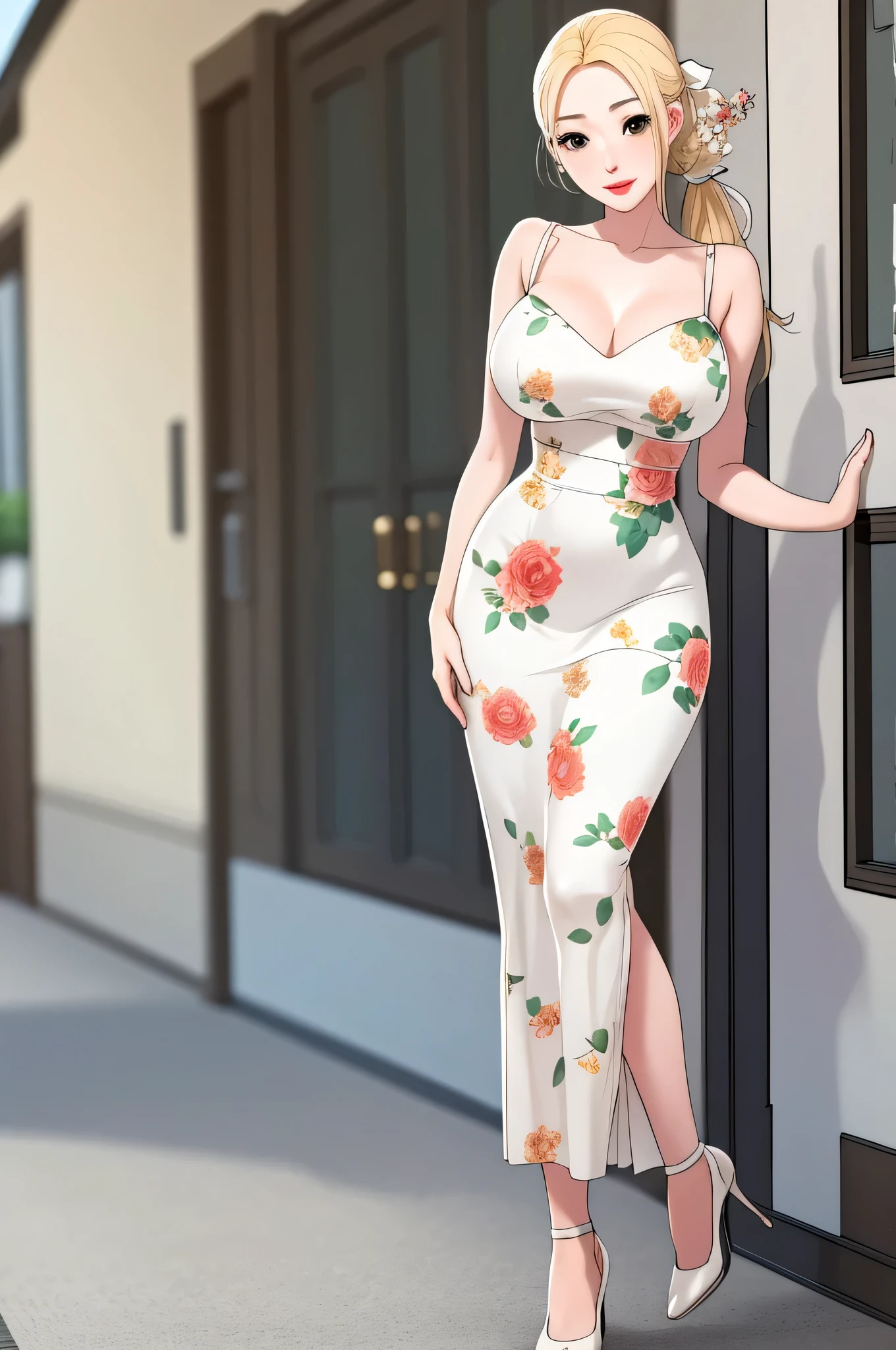 Ju-Mi noona from new town, extremely beautiful, blonde hair, extremely fair white skin, perfect busty yet thin hourglass body, wearing a maxi length bodycon strap floral dress, heels, hair tied with white ribbon, looking at viewer, plain cute smile, hands joined together, street in background, show full body from head to feet.