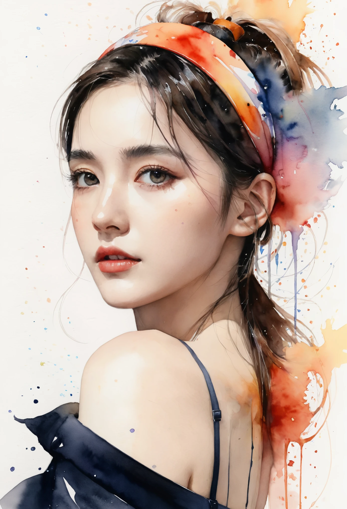 (8K, best quality, masterpiece:1.2),( best quality:1.0), ( Ultra High Resolution :1.0), watercolor, A beautiful woman , Shoulder, Hairband, by agnes cecile, Half-length portrait, Extremely bright and shiny design, Soft tones, (ink:1.3), autumn lighting,