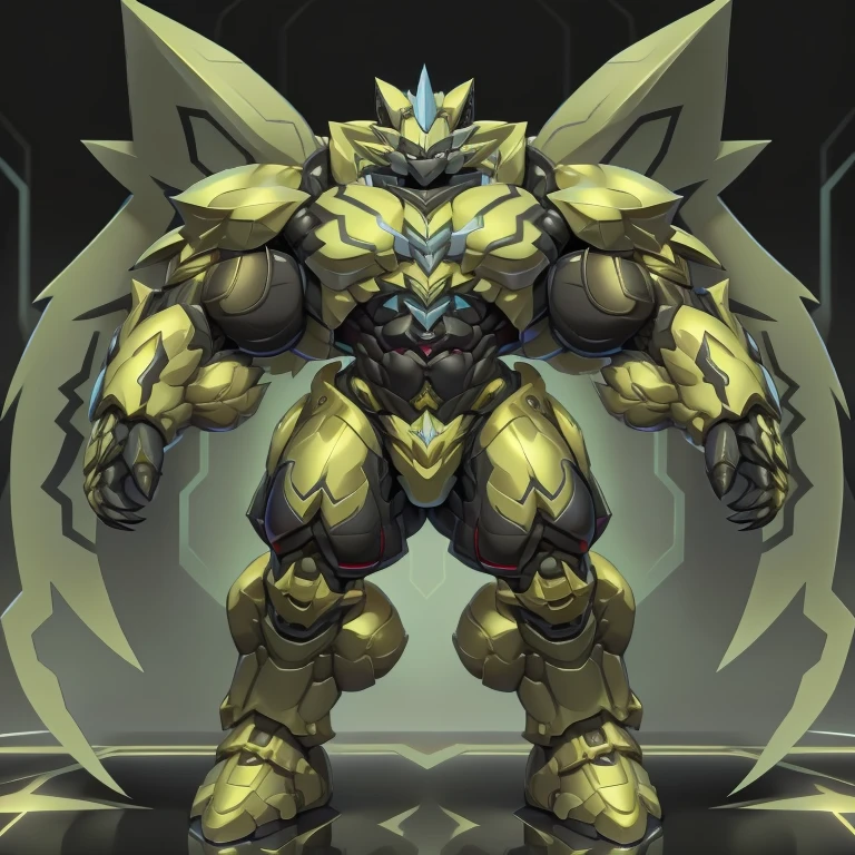 (zeraora, 8K), (zeraora's giant robot, Powered exoskeleton with the same design as zeraora), (Masterpiece, highres) (Detailed head, Detailed Body, Detailed abs, full body) (gigantic muscles, Gigachad Muscular, big muscle, pecs, triceps, traps, unusually developed muscular body, body full of huge muscles. showing off muscles, pectorales enormes, Exaggeratedly huge muscles.) (nj5furry, The claws are sharp, Sharp teeth, sharp claws), (long legs), (Spread wings, It has wings, have big wings, golden wings), (It has wings, whole body shines like metal, Wearing cyberpunk mecha, emphasizes the muscles, suit fully made of metal, intricate armor, Robotic suit, suit fully made of metal, cyborg. golden armor), (golden hyper penis), menacing pose, no face. wearing a full-face helmet. 