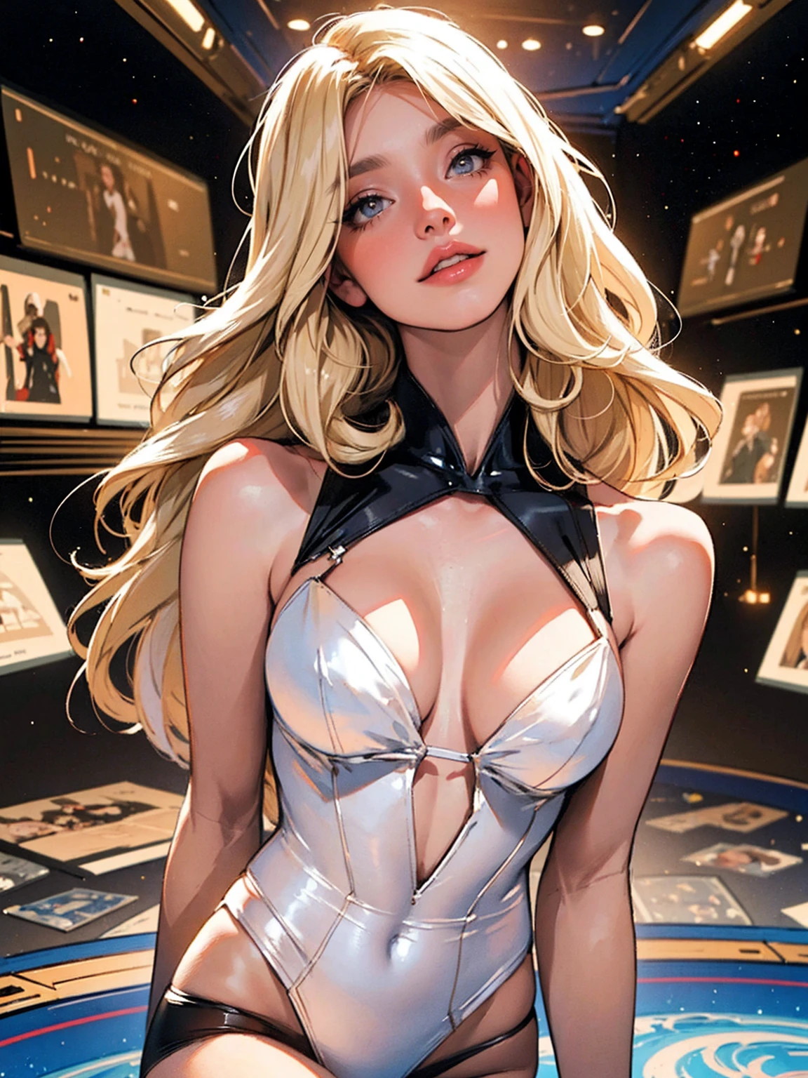 1girl,a beautiful fashion model ,(masterpiece, detailed background, best quality), shiny shoulder length hair, light blonde hair with blonde highlights dark roots, ,smirk,juicy lips, full lips, calmart, lingerie, stripping, elegant makeup, sci fi environment,(space cruise), (space cowboy), ban art style