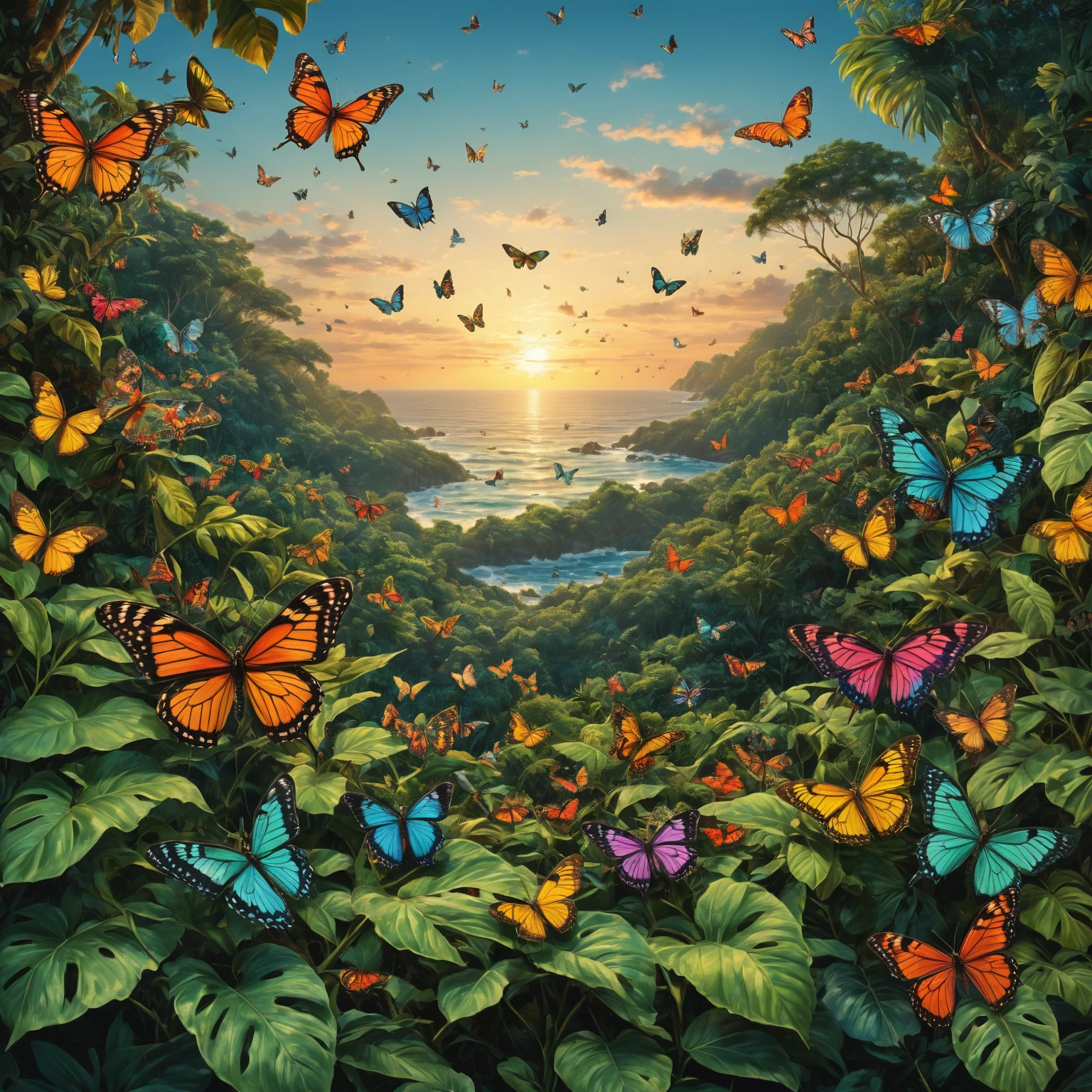 [Realistic photo landscape, butterfly view], [1960s style, psychedelic, retro, vintage], [Swarm of butterflies filling the sky, countless butterflies crossing the sea], [Psychedelic butterfly, wings with psychedelic colors and patterns, delicately drawn butterfly wings], [Sky above the jungle, tropical, dark green], [Ocean, horizon], [Sunset, summer, 1960s], [Real, photo, ultra-realistic, 4K, precise, ultra-detailed, realistic lighting, 3D lighting, realistic shadows, masterpiece, beautiful work of art, ultra-fine digital painting, digital art]