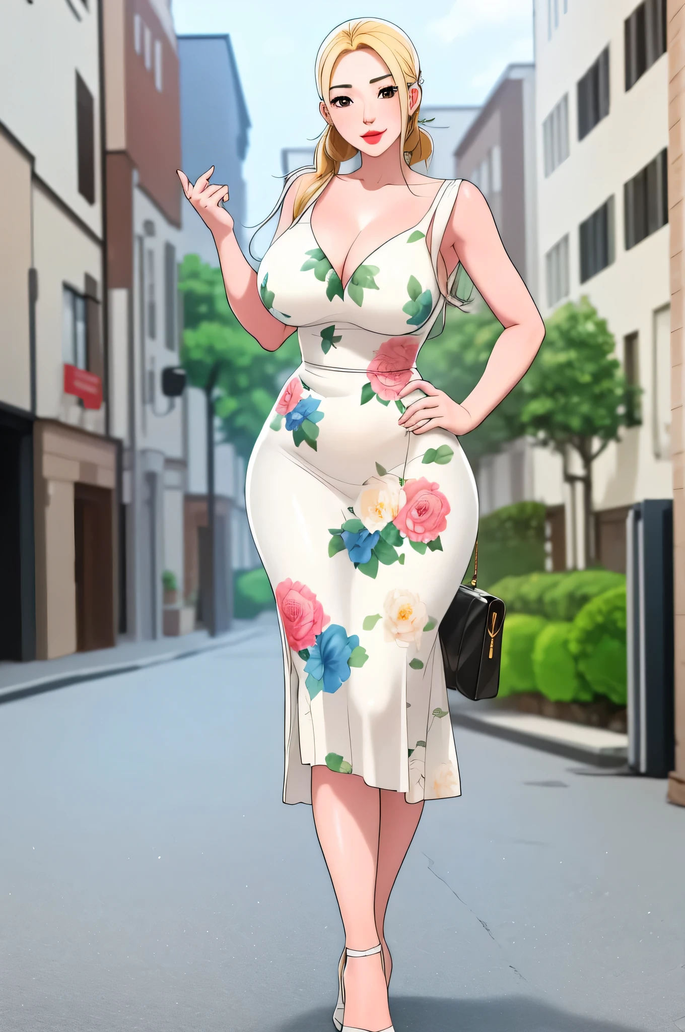 Ju-Mi noona from new town, extremely beautiful, blonde hair, extremely fair white skin, perfect busty sexy yet perfect thin curvy hourglass body, wearing a maxi length bodycon strap floral dress, heels, hair tied with white ribbon, looking at viewer, plain cute smile, hands joined together, street in background, show full body from head to feet.