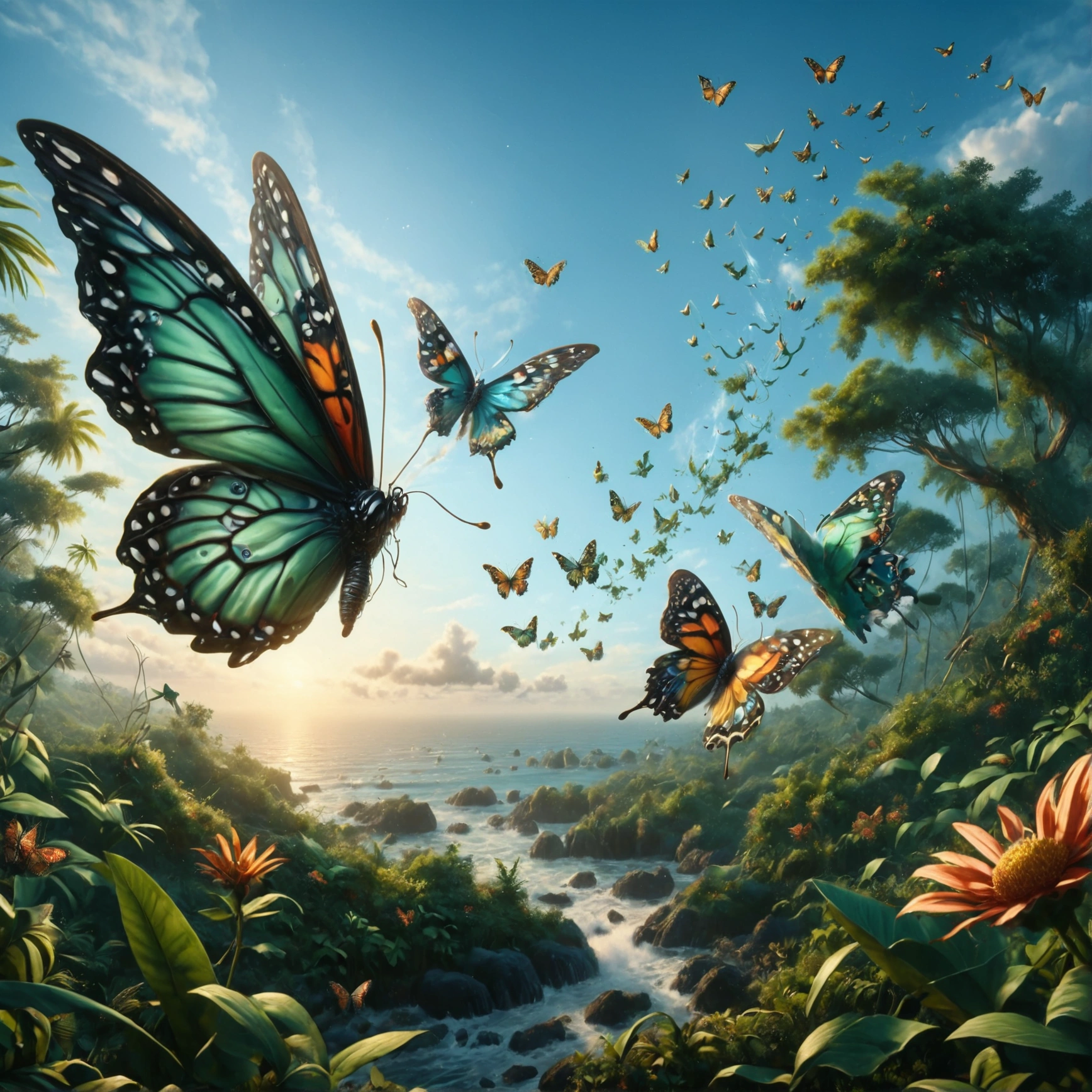 [Realistic photo landscape, butterfly view], [1960s style, psychedelic, retro, vintage], [Swarm of butterflies filling the sky, countless butterflies crossing the sea], [Psychedelic butterfly, wings with psychedelic colors and patterns, delicately drawn butterfly wings], [Sky above the jungle, tropical, dark green], [Ocean, horizon], [Sunset, summer, 1960s], [Real, photo, ultra-realistic, 4K, precise, ultra-detailed, realistic lighting, 3D lighting, realistic shadows, masterpiece, beautiful work of art, ultra-fine digital painting, digital art]