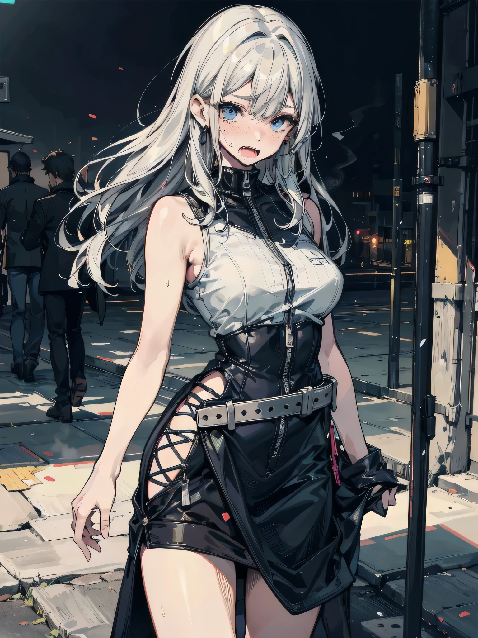 masterpiece, best quality, absurdres, perfect anatomy, 1girl, solo, long silver deep gray hair, cropped jacket, belt, cowboy shot, standing, smile, (arm behind back:1.5),(leaning forward:1.25),(perfect eyes:1.5), heterochromia, red eyes, gray eyes, leather, diamond lace, black punk,pale skin
Hime hair
