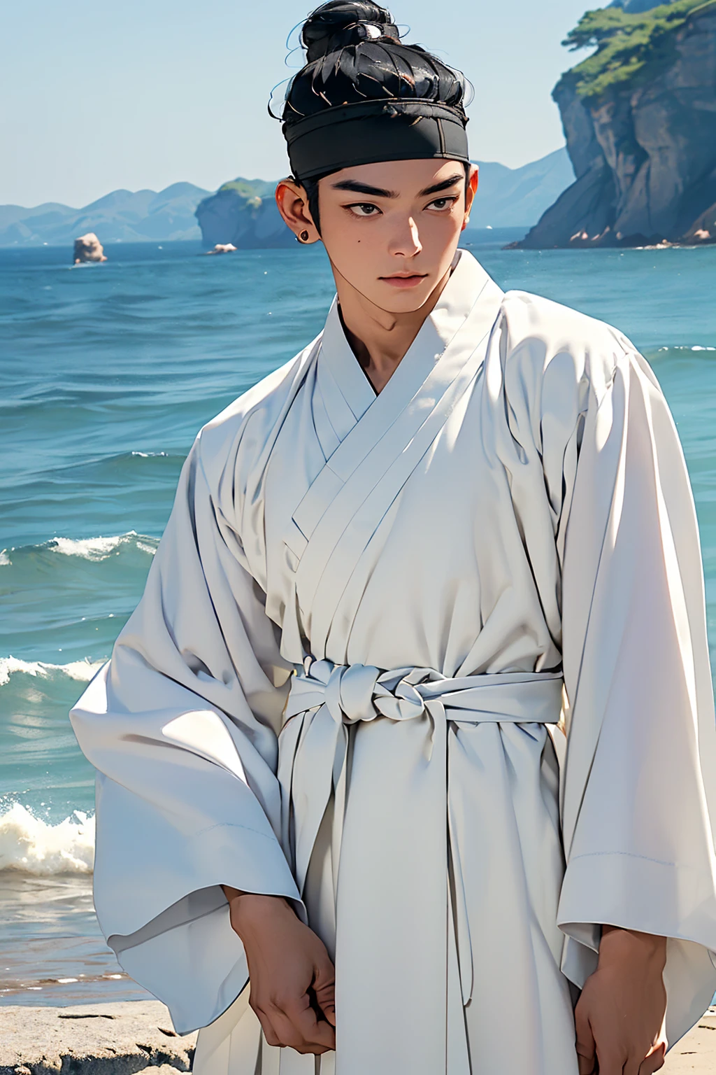 (absurdres, highres, masterpiece, best quality, ultra-realistic,ultra-detailed,(beautiful detailed face and eyes and hair:1.1),handsome,asian man,tall and muscular,broad shoulders,black hair,black eyes,datailed face,topknot,see-through headband,white hanbok,faint smile,upper body, sea background