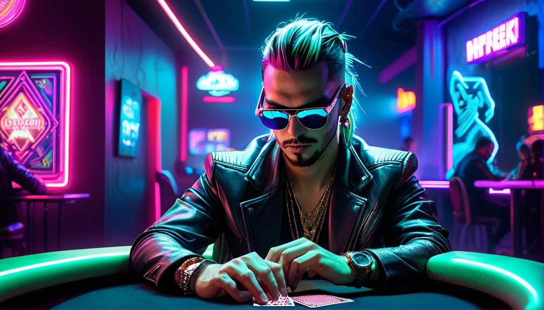 arafed man in sunglasses playing poker in a neon lit room, playing poker, Futuristic NFT card game, cyberpunk with neon lighting, neon lights in the background, black neon, In cyberpunk style, neon lights in the background, in a cyberpunk environment, gambles like no one, cyberpunk type, iluminación ciberpunk, has a cyberpunk style, Jody Highroller, poker