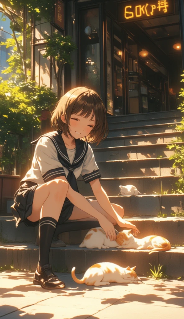 (Masterpiece, high quality, high definition, 4K, 8k, detail）、 cute cats sleeping on the stone steps 、 middle school girl（ cute face、 gentle smile touching your head。 short hair、 wearing sailor suits） are stroking cats sleeping on their sides sitting on the stone steps、 Stone steps at the entrance of a stylish cafe 、 Soft sunlight envelops the scenery 、 warm atmosphere、Makes viewers smile 