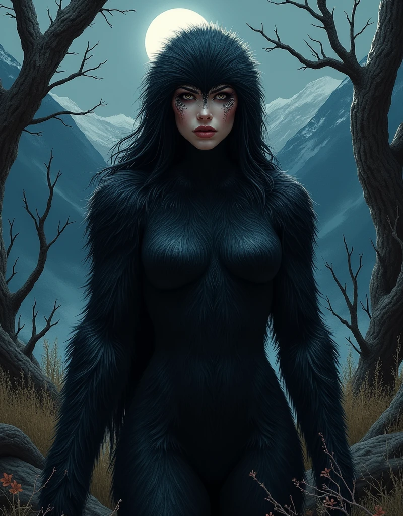 SCP 1471 furry Wolf female scp чёрного цвета, with a wolf skull worn as a mask with two white dots in them, 2,5 meters tall. Lots of hair on arms and legs, long black hair on head, not aggressive , not scary, quite big busty