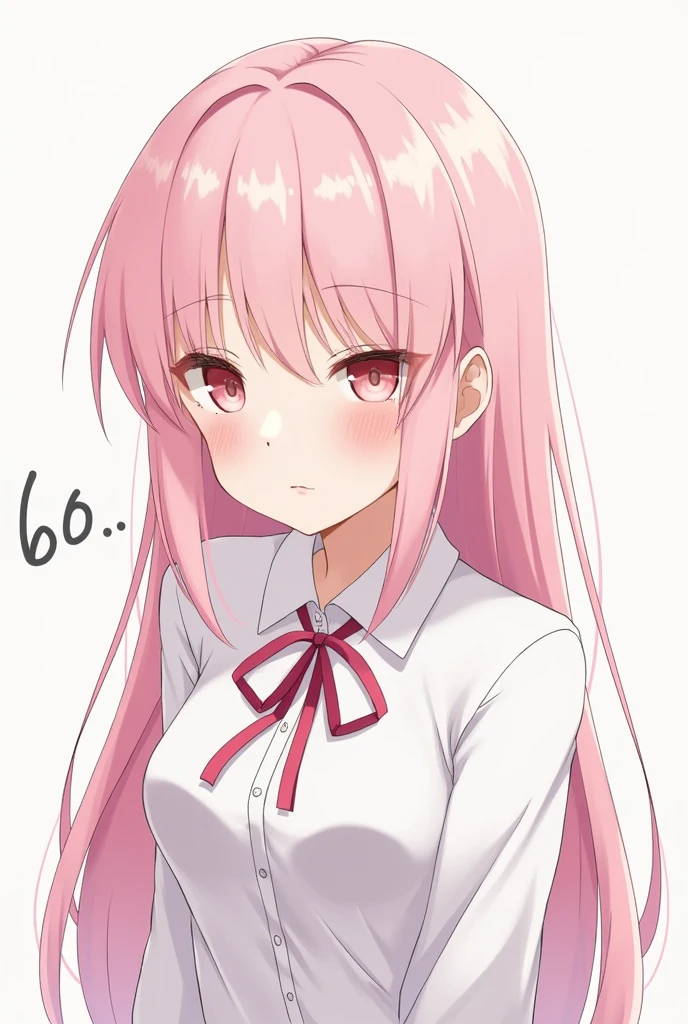 Anime girl with pink hair and pink tie with bunny ears,Pink eyes,Shy blush ,gigantic cleavage breasts, Big breasts,huge-breasted,huge tit