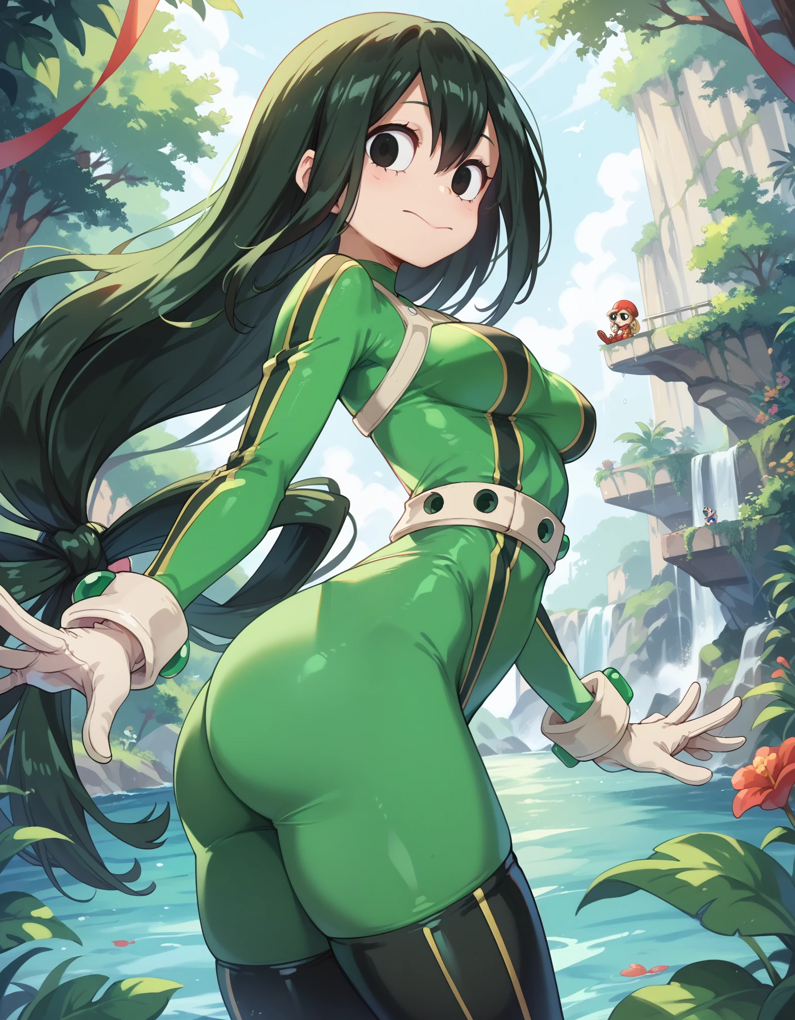 (side angle), Tsuyu Asui, petite-body, costume, froppy costume, slender body, tiny waist. sexy body, sexy figure, slim thighs, sexy, tiny waist, desireable, tempting, lust, ass pose, nice ass