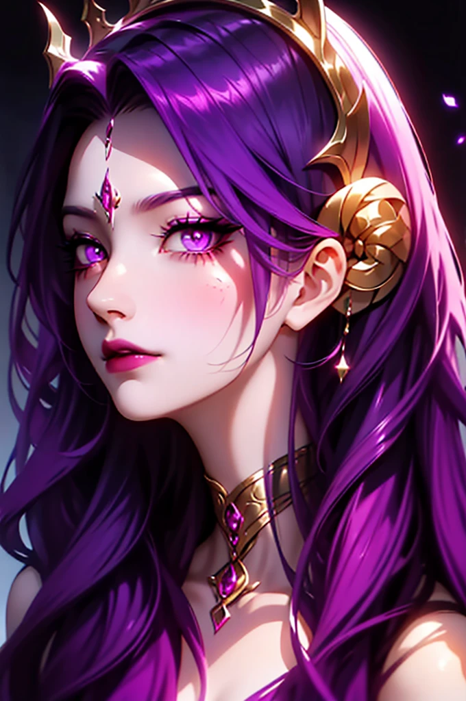 Lilith, the enchanting demon queen. Her presence radiates an aura of dark elegance and power. Render her with flowing, black-to-purple ombre hair that cascades down her back, shimmering with an otherworldly luster. Her skin, a striking shade of gray, adds an air of mystery to her appearance. Lilith's horns, perfectly symmetrical, frame her regal face with an intricate and alluring design. While she lacks a crown, her inherent majesty is undeniable. She has ombre purple eyes, her pupils slit. As she stands in her dark realm, summoning her black magic powers, capture the essence of her commanding presence and the enigmatic allure that defines this captivating demon queen.