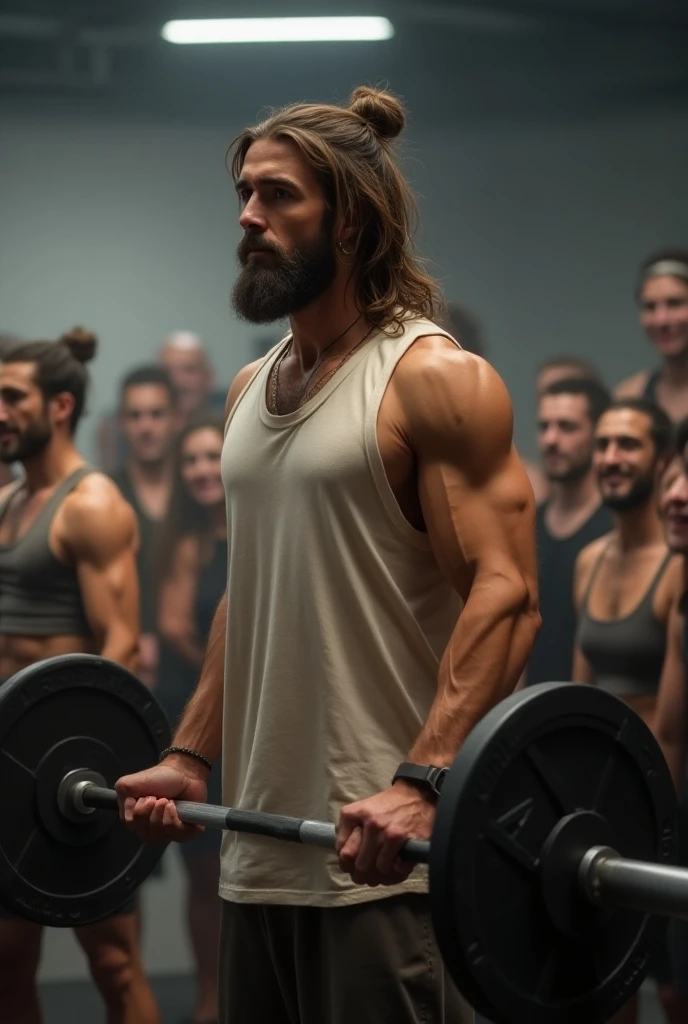 A handsome, red-haired man with a muscular body, long hair, green eyes, and a beard, shirtless, wearing shorts, is exercising in the park surrounded by several people