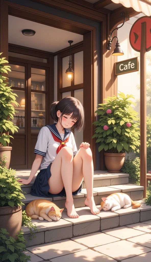 (Masterpiece, high quality, high definition, 4K, 8k, detail）、 cute cats sleeping on the stone steps 、 （ cute face、 gentle smile touching your head。 short hair、 wearing sailor suits） are stroking cats sleeping on their sides sitting on the stone steps、 Stone steps at the entrance of a stylish cafe 、There is a 「CAFE] sign at the entrance of the cafe、 Soft sunlight envelops the scenery 、 warm atmosphere、Makes viewers smile 