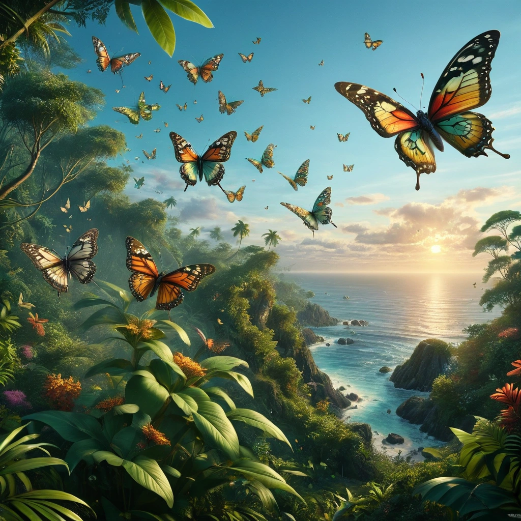 [Realistic photo landscape, butterfly view], [1960s style, psychedelic, retro, vintage], [Swarm of butterflies filling the sky, countless butterflies crossing the sea], [Psychedelic butterfly, wings with psychedelic colors and patterns, delicately drawn butterfly wings], [Sky above the jungle, tropical, dark green], [Ocean, horizon], [Sunset, summer, 1960s], [Real, photo, ultra-realistic, 4K, precise, ultra-detailed, realistic lighting, 3D lighting, realistic shadows, masterpiece, beautiful work of art, ultra-fine digital painting, digital art]