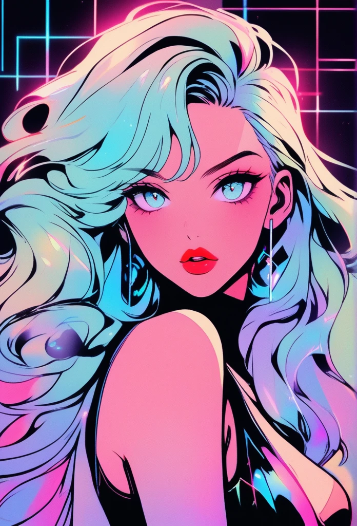 ((illustrator)),pastel Holographic, cyberpunk theme, stylish, sketch, 1woman, lovely, rockstar, shiny lip, jersey wear, order, very modern stylish asymmetry hair, platinum ((gradient)) neon background, neon hair, textured crop, (masterpiece, best quality), ((dynamic angle)),close up, shining, in love, blush, ,glowing aura, masterpiece, glossy skin, juicy lips , hair style,, hot, bikini, random expression, lovely eyes, smirk, , , puckered lips, juicy lips, bimbo, hour glass,red lips,