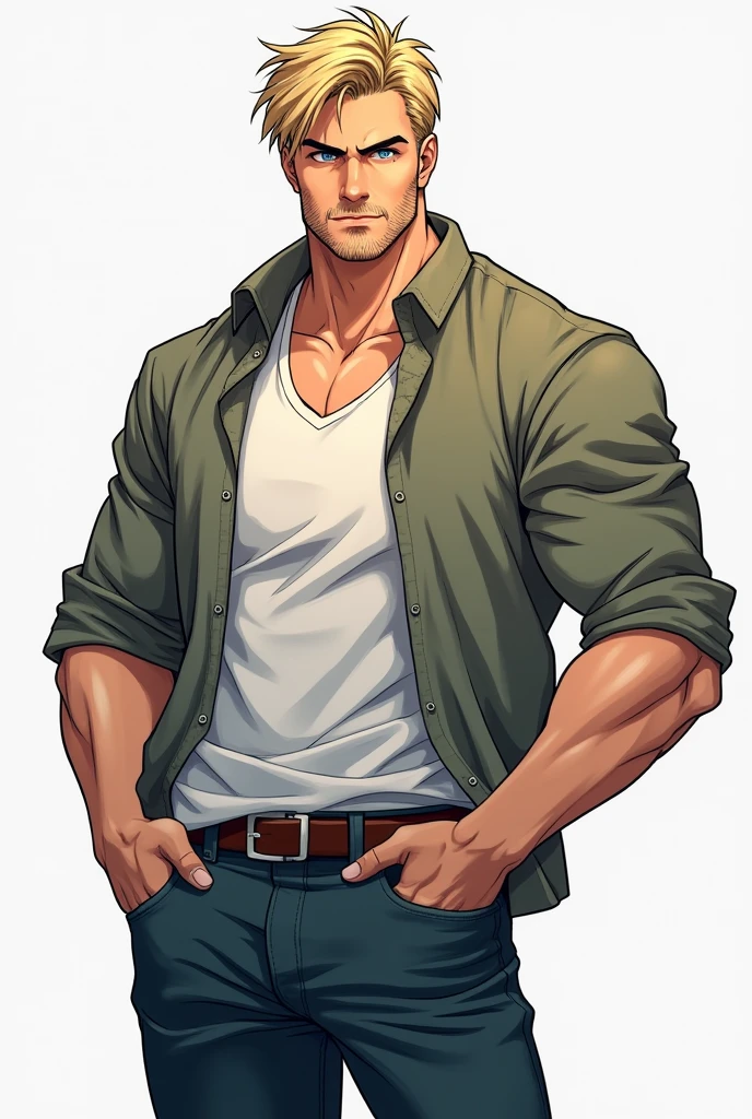 génère une image de style anime d'un homme de grande taille avec des muscles forts et maigres, des cheveux cour, cheveux blonds, habillé élégamment et confortablement, une mâchoire carrée et masculine, des yeux bleus et une barbe courte et mal rasée. Et vu entièrement de la tête aux pieds.