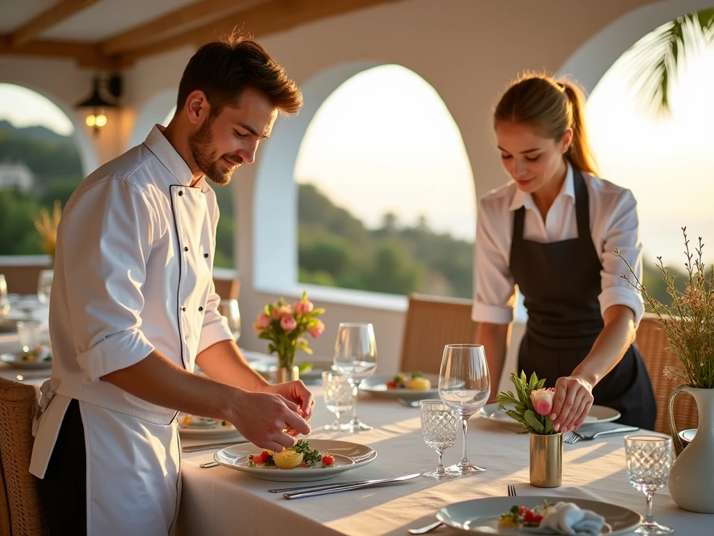 A picturesque scene of a young chef and a female server preparing an elegant dinner setting in a classic Costa del Sol villa. The chef, dressed in a pristine white chef’s coat, is arranging delicate plates and glassware with care, while the server, a young woman in a neat uniform, is placing fresh flowers and adjusting silverware. The table, draped with an ivory linen cloth, is set with crystal glasses, polished silver cutlery, and simple yet refined plates. In the background, the villa’s Mediterranean architecture, with white-washed walls, arched windows, and a view of the coast, enhances the ambiance, capturing the essence of a luxurious Spanish dining experience. Warm, natural light from the setting sun bathes the scene in a soft, inviting glow