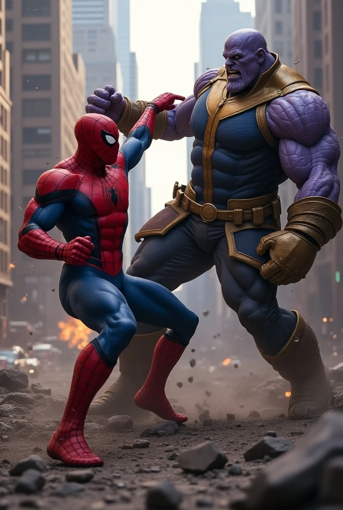 A dramatic scene of Thanos lifting Spiderman by the neck during an intense battle. Thanos, a massive and powerful figure, has a firm grip on Spiderman's neck with one hand, his muscles bulging and expression fierce