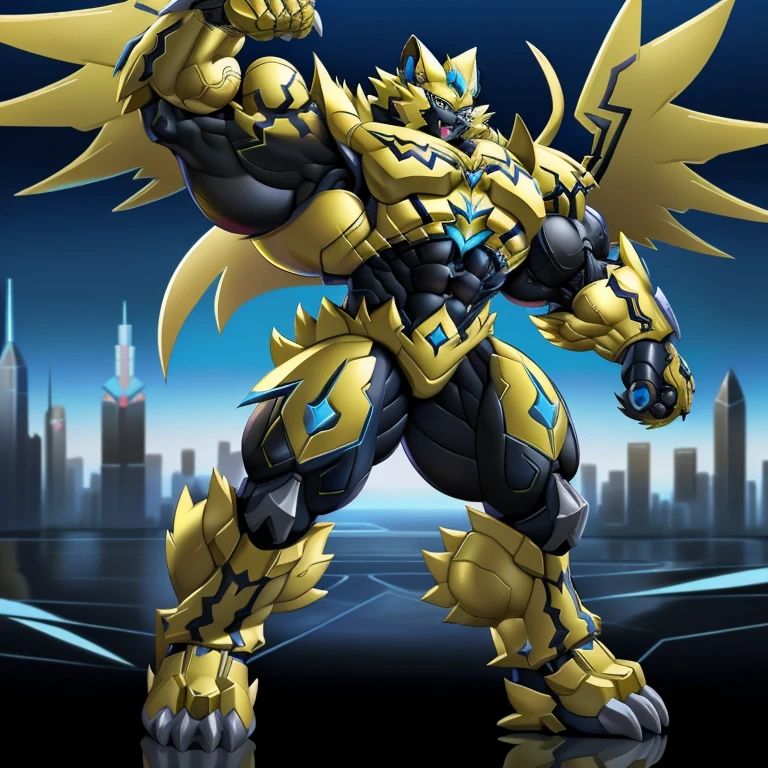 (ZERAORA, 8K), (Zeraora's giant robot, Powered exoskeleton with the same design as Zeraora), (Masterpiece, highres) (Detailed head, Detailed Body, Detailed abs, full body) (gigantic muscles, Gigachad Muscular, big muscle, pecs, triceps, traps, unusually developed muscular body, body full of huge muscles. showing off muscles, pectorales enormes, Exaggeratedly huge muscles.) (nj5furry, The claws are sharp, Sharp teeth, sharp claws), (long legs), (Spread wings, It has wings, have big wings, golden wings), (Wrestling, wrestler, the bodybuilding), (It has wings, whole body shines like metal, Wearing cyberpunk mecha, emphasizes the muscles, suit fully made of metal, intricate armor, Robotic suit, suit fully made of metal, cyborg), (black color hyper penis, hyper black penis),