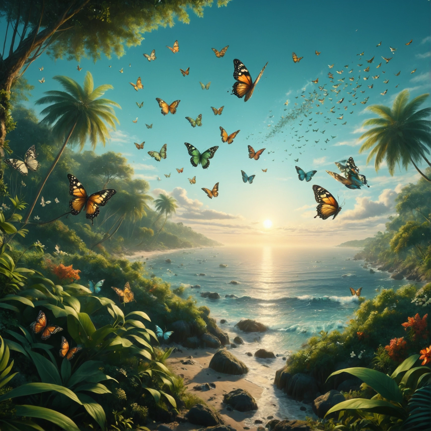 [Realistic photo landscape, butterfly view], [1960s style, psychedelic, retro, vintage], [flock of fluttering butterflies, flock of butterflies filling the sky, countless butterflies crossing the sea], [psychedelic butterfly, wings with psychedelic colors and patterns, delicately drawn butterfly wings], [sky above jungle, tropical, dark green], [ocean, horizon], [sunset, summer, 1960s], [realistic, photo, ultra-realistic, 4K, precise, ultra-detailed, realistic lighting, three-dimensional lighting, realistic shadows, masterpiece, beautiful work of art, ultra-fine digital painting, digital art]