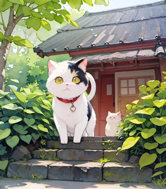 (masterpiece),(Best Quality),(  very detailed),(  down in high resolution),((Line art)),((watercolor)),16k,  wallpaper,三毛猫の  very detailedな絵、 crazy details  、  very detailed猫、  My house where calico cats roam  、 Calico Munchkins relaxing on stone steps、Old townscape of Japan、Plants walking along the promenade   、 sunlight filtering through the trees，Another World、The creation of silence、Long Hit、The target is small、