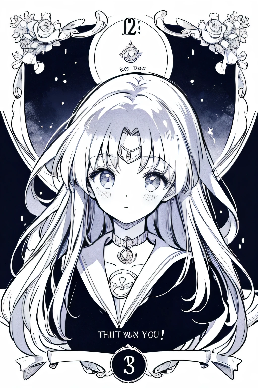  A sailor moon style card, in black and white,  of the coloring drawing style ,  let it be magic , castles and wizards .  And may I say thank you for your elaborate magic, detailed and magnificent 