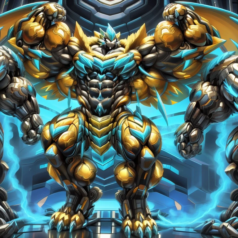 (ZERAORA, 8K), (Zeraora's giant robot, Powered exoskeleton with the same design as Zeraora), (Masterpiece, highres) (Detailed head, Detailed Body, Detailed abs, full body) (gigantic muscles, Gigachad Muscular, big muscle, pecs, triceps, traps, unusually developed muscular body, body full of huge muscles. showing off muscles, pectorales enormes, Exaggeratedly huge muscles.) (nj5furry, The claws are sharp, Sharp teeth, sharp claws), (long legs), (Spread wings, It has wings, have big wings, golden wings), (Wrestling, wrestler, the bodybuilding), (It has wings, whole body shines like metal, Wearing cyberpunk mecha, emphasizes the muscles, suit fully made of metal, intricate armor, Robotic suit, suit fully made of metal, cyborg), (black color hyper penis, hyper black penis), sitting on the throne,