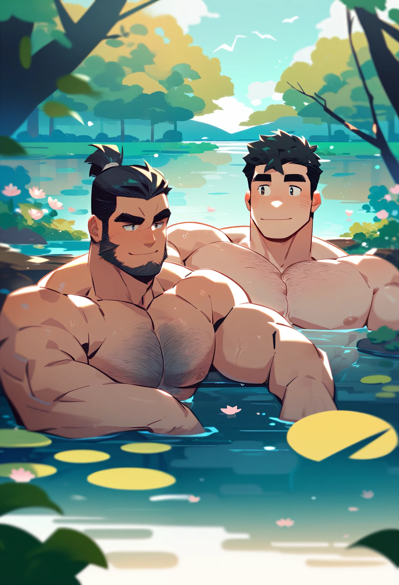 Masterpiece, Best Quality, Male, Muscular, Beefy, Black Hair, Japanese, Thick Eyebrows, Hairy, Chest Hair, Naked, Samurai, Forest Lake, Couple, Bathing