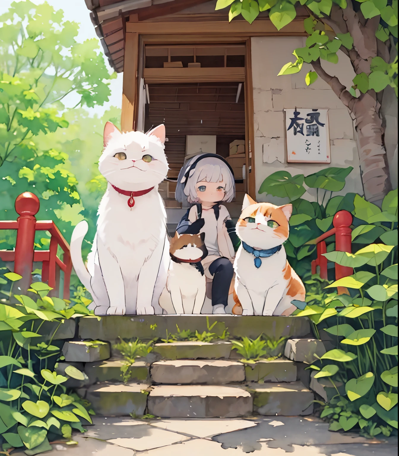 (masterpiece),(Best Quality),(  very detailed),(  down in high resolution),((Line art)),((watercolor)),16k, wallpaper,三毛猫の  very detailedな絵、 crazy details  、  very detailed猫、  My house where calico cats roam  、 Calico Munchkins relaxing on stone steps、Old townscape of Japan、Plants walking along the promenade  、 sunlight filtering through the trees，Another World、The creation of silence、Long Hit、The target is small、