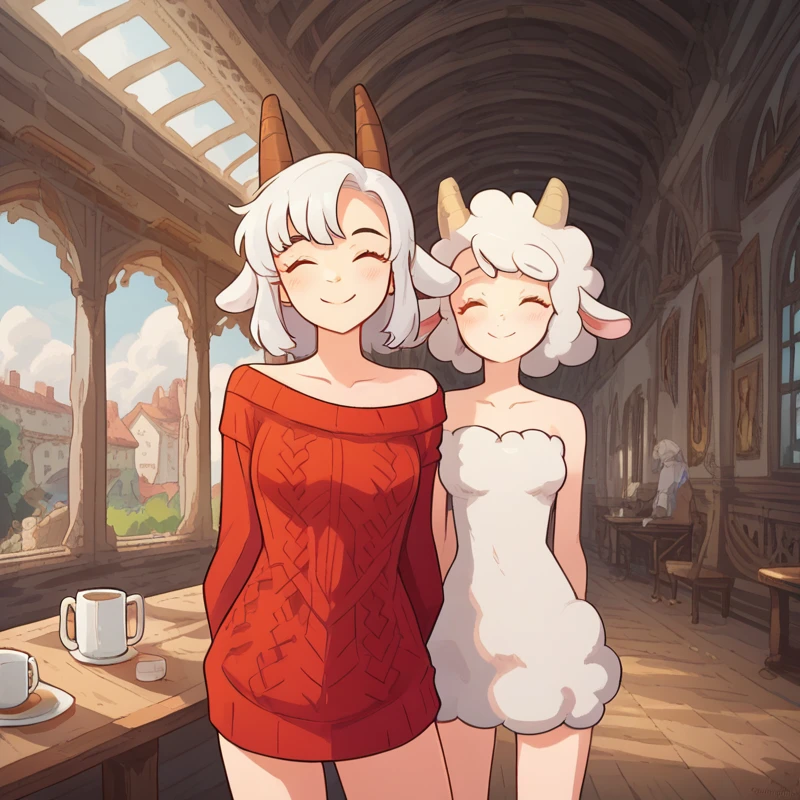 cute sheep woman, naked chest, fluffy clouds, illustration, goat horns, textured sweater, lamby lumpkin has white hair, cafe, coffee mug, smile, closed eyes, 
score_8_up,  arms behind back, simple background, white outside border,