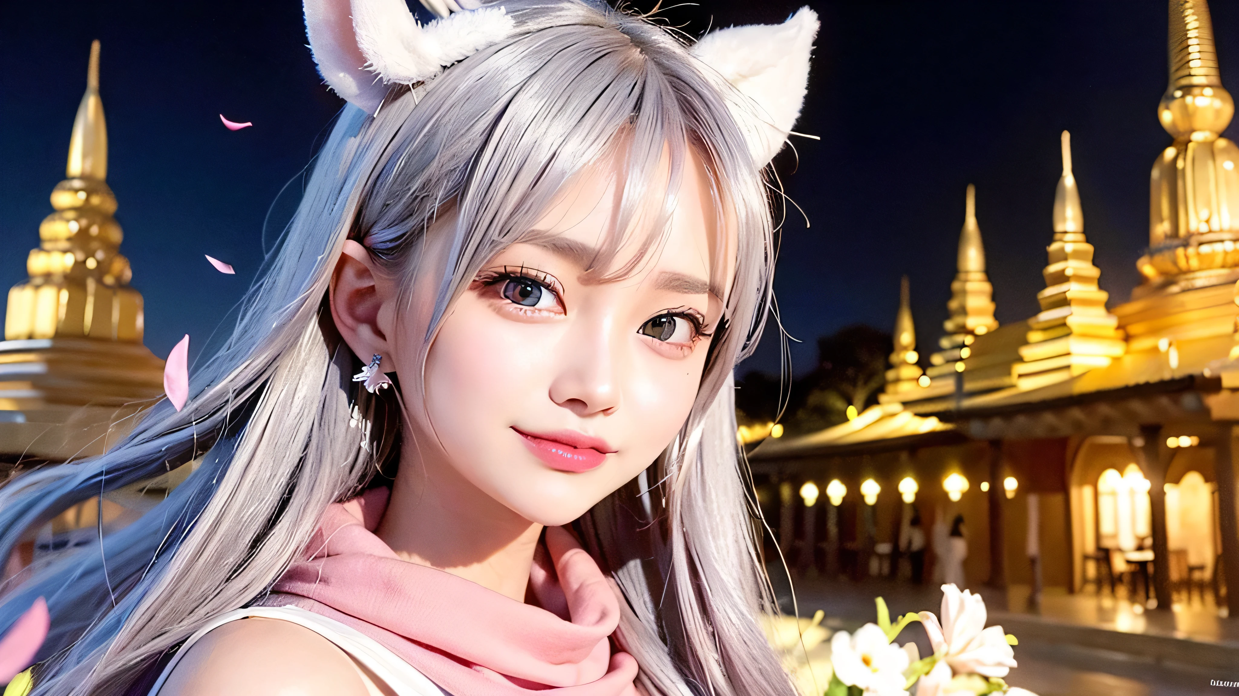 black hair, hair bobbles, wince, longeyelashes, solid circle eyes, fake animal ears, light smile, ear blush, fang, white hair, makeup, Surrealism, drop shadow, anaglyph, stereogram, tachi-e, pov, atmospheric perspective, high detail, depth of field, ray tracing, super detail, ccurate, best quality