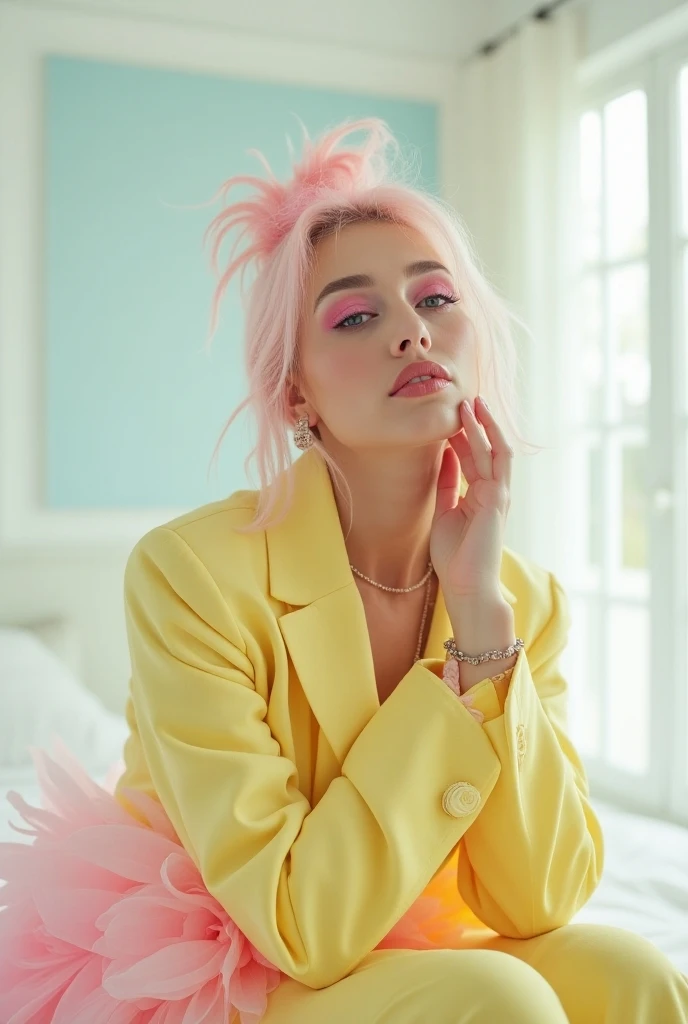 Billie Eilish ,poodle outfit costume,gloves,hands gripping brests,hat,eyes crossed inwards ,tongue out,ahageo face,hot girl,pretty,sxy,giant brests, pink hair, nothing covering chest, moning, hypnotized, wet, soaked, dripping out of mouth,