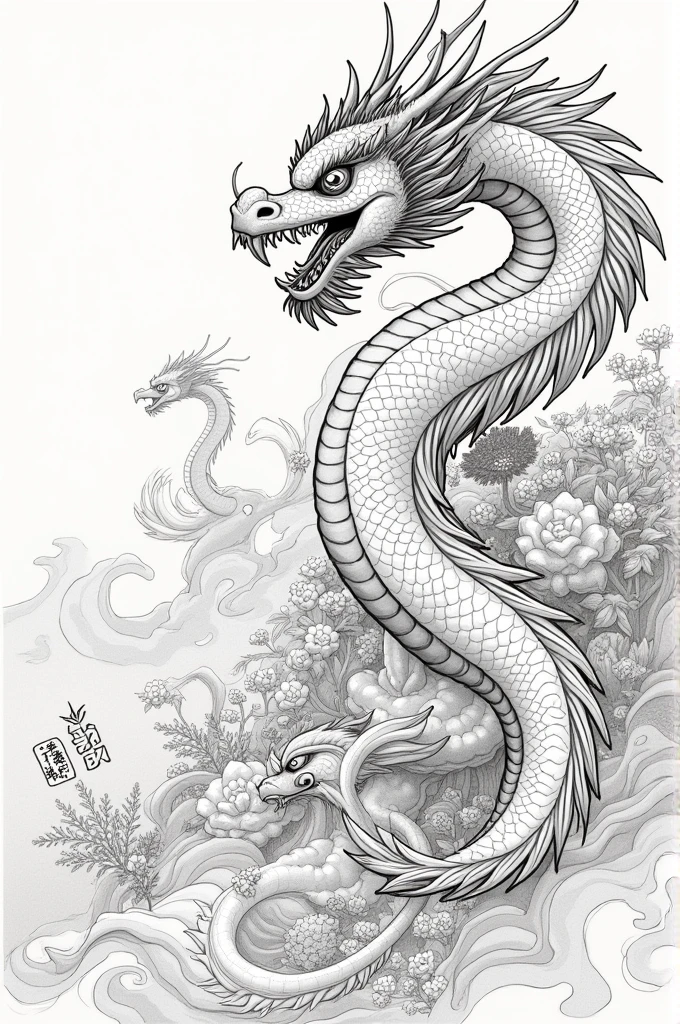 sketch of an oriental dragon drawing, fluffly, black and white with a background of cherry trees also in black and white.