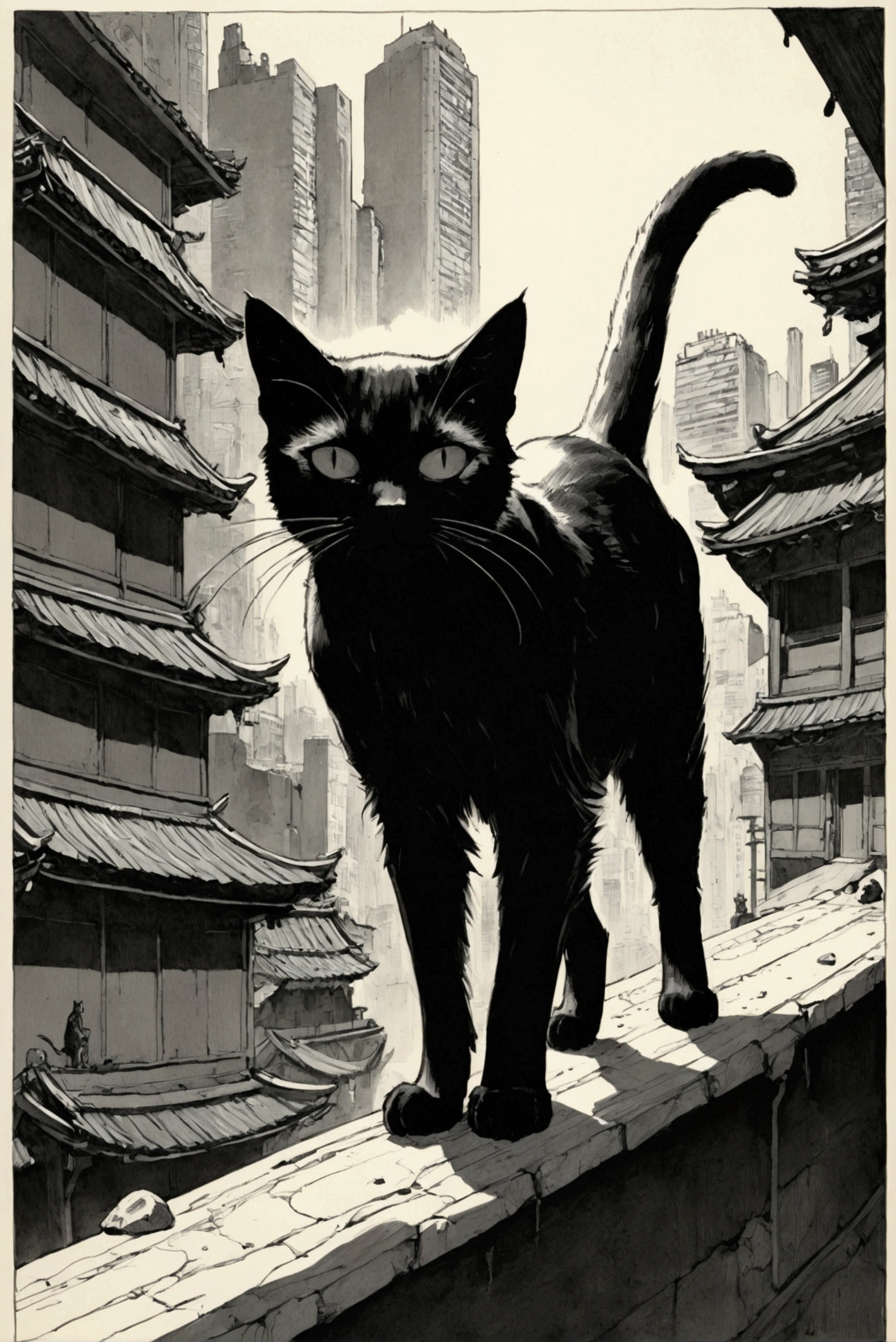  I have a picture of a black cat , Rory Greasley,  inspired by Mevius ,  Precisely Drawn Details ,  Jean Giraud Mevius style,  Mevius and Mike Mignola , Cat attacks Tokyo, Mobius Art , Very detailed picture,  ink sketch , Ben Thompson, Full page illustrations by Isabel Heath,  Extremely Detailed Illustrated .”