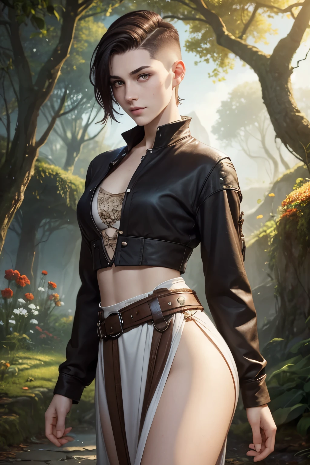 A happy young woman with an undercut in a fantasy setting. An adventurer and a ranger. Very androgynous looking. In a good mood. Sympathic. Tomboyish. Androgynous. Slim body. Very . Very small breasts. Wide hips. Thick legs. Face: Extremly pale skin with liverspots and freckles. Soft narrow face with a round chin. Soft small jaw. Big forehead. Very thin barely visible eyebrows. Upturned big dark-brown eyes. Dark-brown eyecolour. Very long and wide nose. Big curved lips. Very short dark-brown hair. A boyish short haircut. Undercut. Sides shaved. A tight black fantasy outfit of a lonley adventurer and ranger. Background: green meadow and a blue sky. 