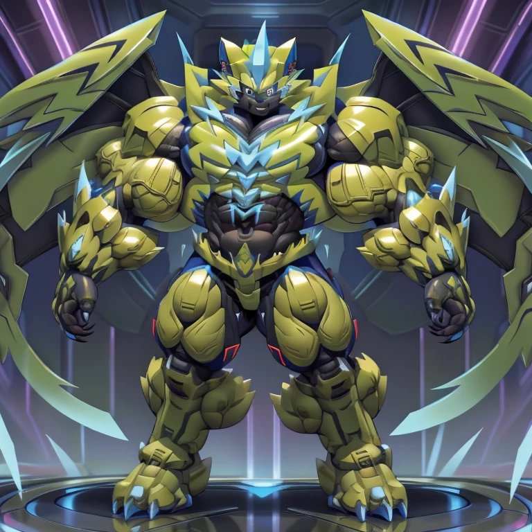 (ZERAORA, 8K), (Zeraora's giant robot, Powered exoskeleton with the same design as Zeraora), (Masterpiece, highres) (Detailed head, Detailed Body, Detailed abs, full body) (gigantic muscles, Gigachad Muscular, big muscle, pecs, triceps, traps, unusually developed muscular body, body full of huge muscles. showing off muscles, pectorales enormes, Exaggeratedly huge muscles.) (nj5furry, The claws are sharp, Sharp teeth, sharp claws), (long legs), (Spread wings, It has wings, have big wings, golden wings),  (It has wings, whole body shines like metal, Wearing cyberpunk mecha, emphasizes the muscles, suit fully made of metal, intricate armor, Robotic suit, suit fully made of metal, cyborg), menacing pose, An arrogant expression. destroying city.