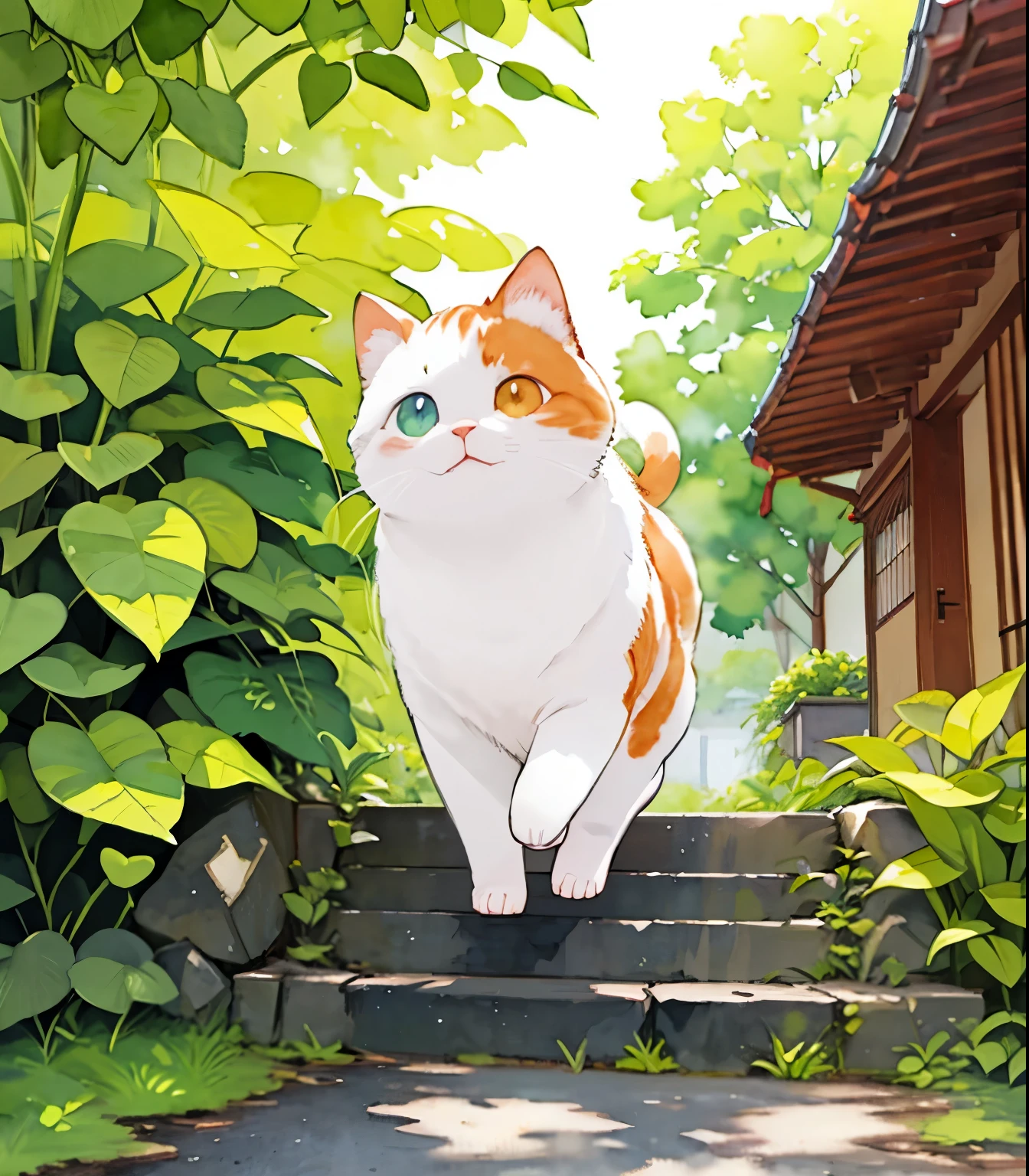 (masterpiece),(Best Quality),(  very detailed),(  high resolution down ),((Line art)),((watercolor)),16k, wallpaper,三毛猫の  very detailedな絵、 crazy details  、  very detailed猫、  My house where calico cats roam  、 Calico Munchkins relaxing on stone steps、Old townscape of Japan、Plants walking along the promenade  、 sunlight filtering through the trees，Another World、The creation of silence、Long Hit、The target is small、