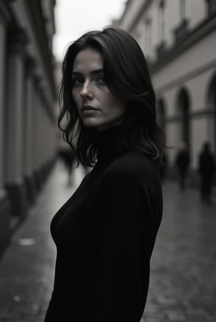 Create an artistic masterpiece in the spirit of Helmut Newton, a captivating monochrome photograph of a 25-year-old woman in the cobblestone streets of an ancient city. Her long, flowing hair cascades down her shoulders as she stands confidently, clad in an elegant coat that conceals her bare skin. Her figure, a perfect canvas, is the epitome of model beauty.
Delve into the detail of her image; the coat, an intricate web of textures and shadows, frames her form exquisitely. Her youthful complexion, a testament to her vitality, is captured with unparalleled fidelity to reality. Gone are