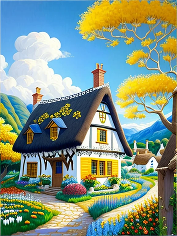  traditional house painting in medieval England 、Fairy tale、Vivid picture、Bright white house 、 brown and white timberframe walls 。 an English yellow thatched cottage、Flowers surrounding the house 々、The background is a vast hill 、 Bright Blue Skies 