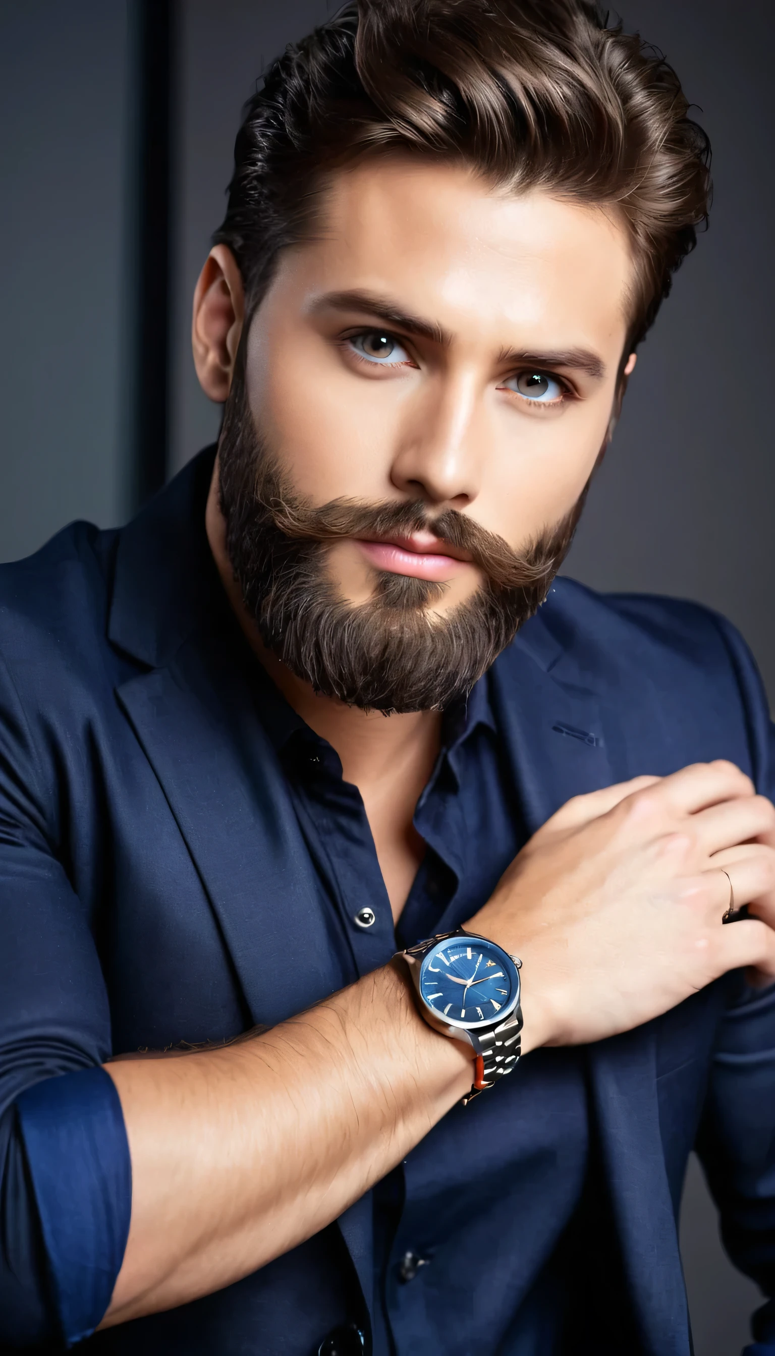 a man with a beard and a watch on his wrist, attractive man, handsome and attractive, handsome male, attractive male, handsome attractive face, handsome man, masculine and handsome, handsome face, perfect handsome face, handsome face and beautiful face, wearing a watch, beautiful young man, extremely handsome, very attractive man with beard, good looking face, attractive and good looking