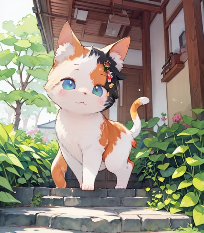 (masterpiece),(Best Quality),(  very detailed),(  down in high resolution),((Line art)),((watercolor)),16k, wallpaper,三毛猫の  very detailedな絵、 crazy details  、  very detailed猫、  My house where calico cats roam  、 Calico Munchkins relaxing on stone steps、Old townscape of Japan、Plants walking along the promenade  、 sunlight filtering through the trees，Another World、The creation of silence、Long Hit、The target is small、