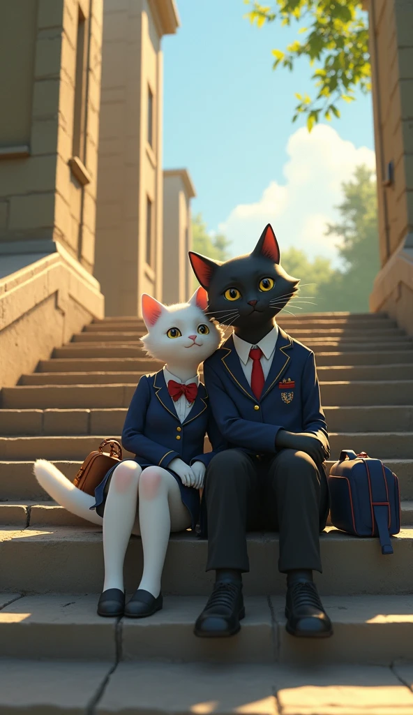 Super realistic illustration, Detailed Fantasy art. 2 anthropomorphic cats sitting on the wide stone staircase. A skinny female white cat in high school girl uniform and a male black cat in school blazer. She is sitting leaning on the his shoulder. Black school bag and Pink school bag on the bottom steps. After school, summer evening. POV, Panoramic perspective