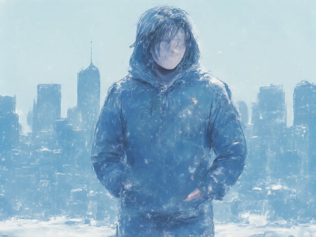 detailed crayon illustration, breathtaking, depth of field, cinematic, blue color palette, a person standing on a frozen lake, wearing hoodie, city in background, hands in pockets, facing the side, face covered, somber, amazing, muted colors, portraying a sense of peacefulness,  snow particles in the air, sense of motion, focal blur, focused on subject, 