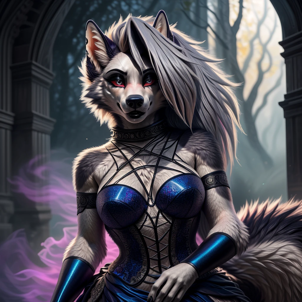 MalO, Scp 1471, (bipedal character)), (slit pupils, white eyes, black sclera), digitigrade, (collar), masterpiece, best quality, detailed realistic fur, furry, (canine skull), detailed background, (wide angle shot), detailed face, detailed eyes, chest, detailed black fluffy fur, fluffy tail, (furry, SFW:1.35), (MagicItem_v1, blank background, fantasy painting:1.35)