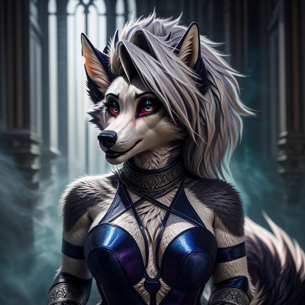 uploaded on e621, (by Wildering, by Koul, by fluff-kevlar, by aycee), solo, female wolf, wolf ears, neck tuft, hip tuft, leg tuft, wolf tail, ((black sclera, purple eyes)), ((french napeolon uniform)), ((painted portrait)), (masterpiece), (best quality), (anthro furry:1.3, snout:1.2, anthro:1.3, furry:1.2, solo female:1.2), (hourglass figure), (wide ), (thick thighs), (()), ( pose), (((black stripes on body, grey fur))) BREAK ((white hair)), (napoleonic war background, depth of field, ambient light on the body), (intricate:0.7), (high detail:1.3), (unreal engine:1.3), (sharp focus:1.15), (masterpiece, best quality, 4k, 2k, shaded, absurd res), ((leather collar)), ((angry expression))