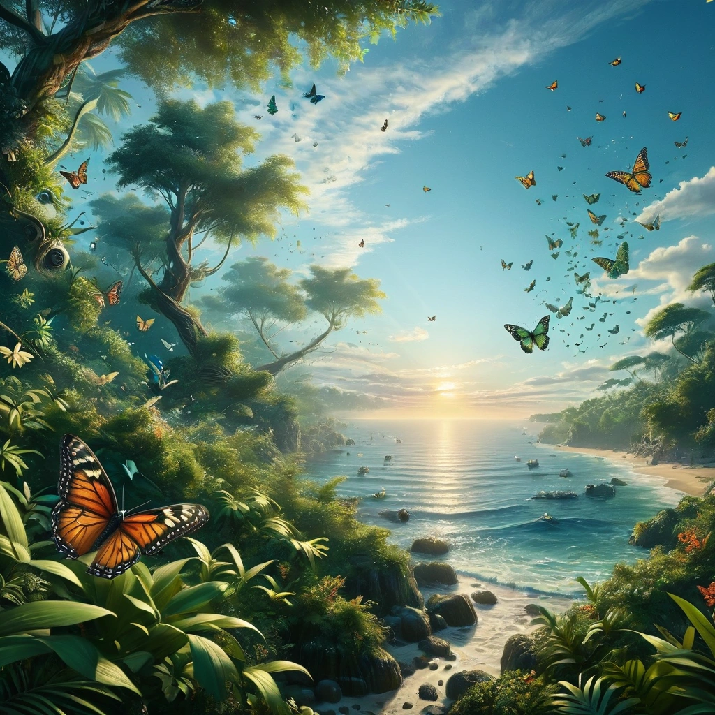 [Realistic photo landscape, butterfly view], [1960s style, psychedelic, retro, vintage], [flock of fluttering butterflies, flock of butterflies filling the sky, countless butterflies crossing the sea], [psychedelic butterfly, wings with psychedelic colors and patterns, delicately drawn butterfly wings], [sky above jungle, tropical, dark green], [ocean, horizon], [sunset, summer, 1960s], [realistic, photo, ultra-realistic, 4K, precise, ultra-detailed, realistic lighting, three-dimensional lighting, realistic shadows, masterpiece, beautiful work of art, ultra-fine digital painting, digital art]