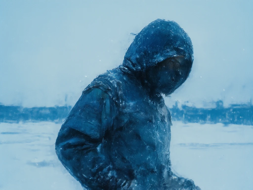 detailed image, breathtaking, depth of field, cinematic, blue color palette, a person standing on a frozen lake, wearing hoodie, city in background, hands in pockets, back to viewer, face covered, somber, amazing, muted colors, portraying a sense of peacefulness, snow particles in the air,, focal blur, focused on subject,